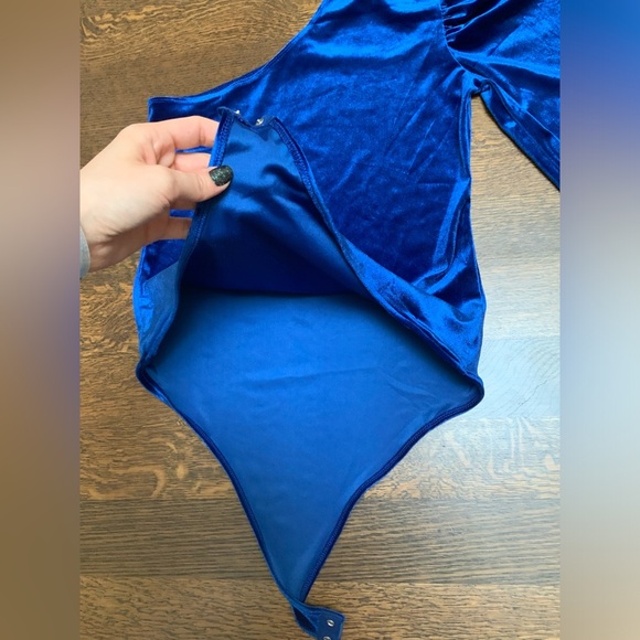 SHINESTAR One Shoulder Royal Blue Crushed Velvet Bodysuit Shirt Size Large - Picture 10 of 12